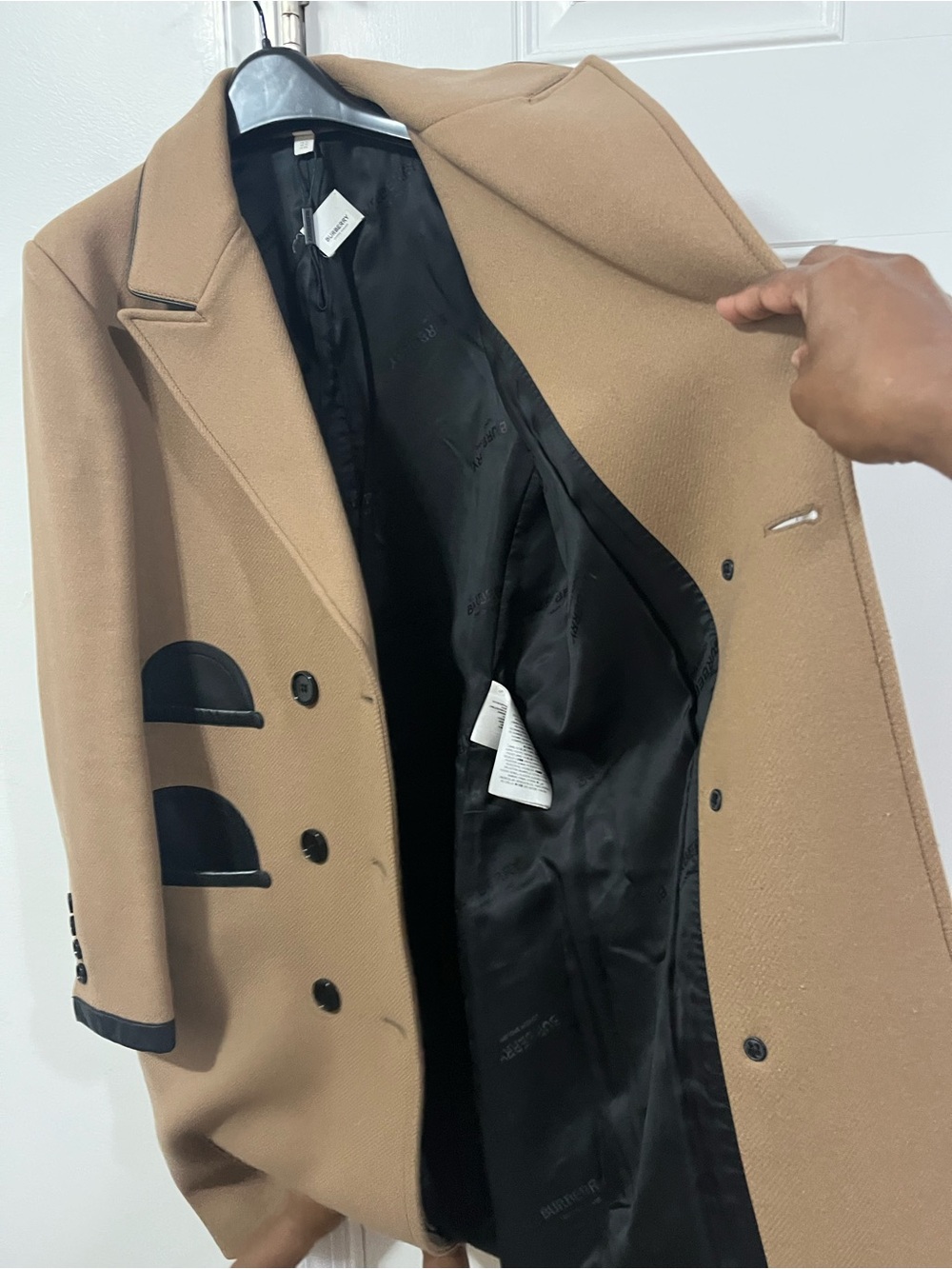 Burberry Camel Knee Length Double Breasted Coat with Black Leather Trim - Picture 4 of 9